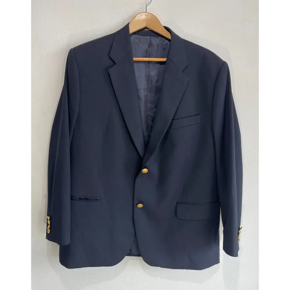 Ralph Lauren pure new wool sport coat blue gold buttons black label men's 46R